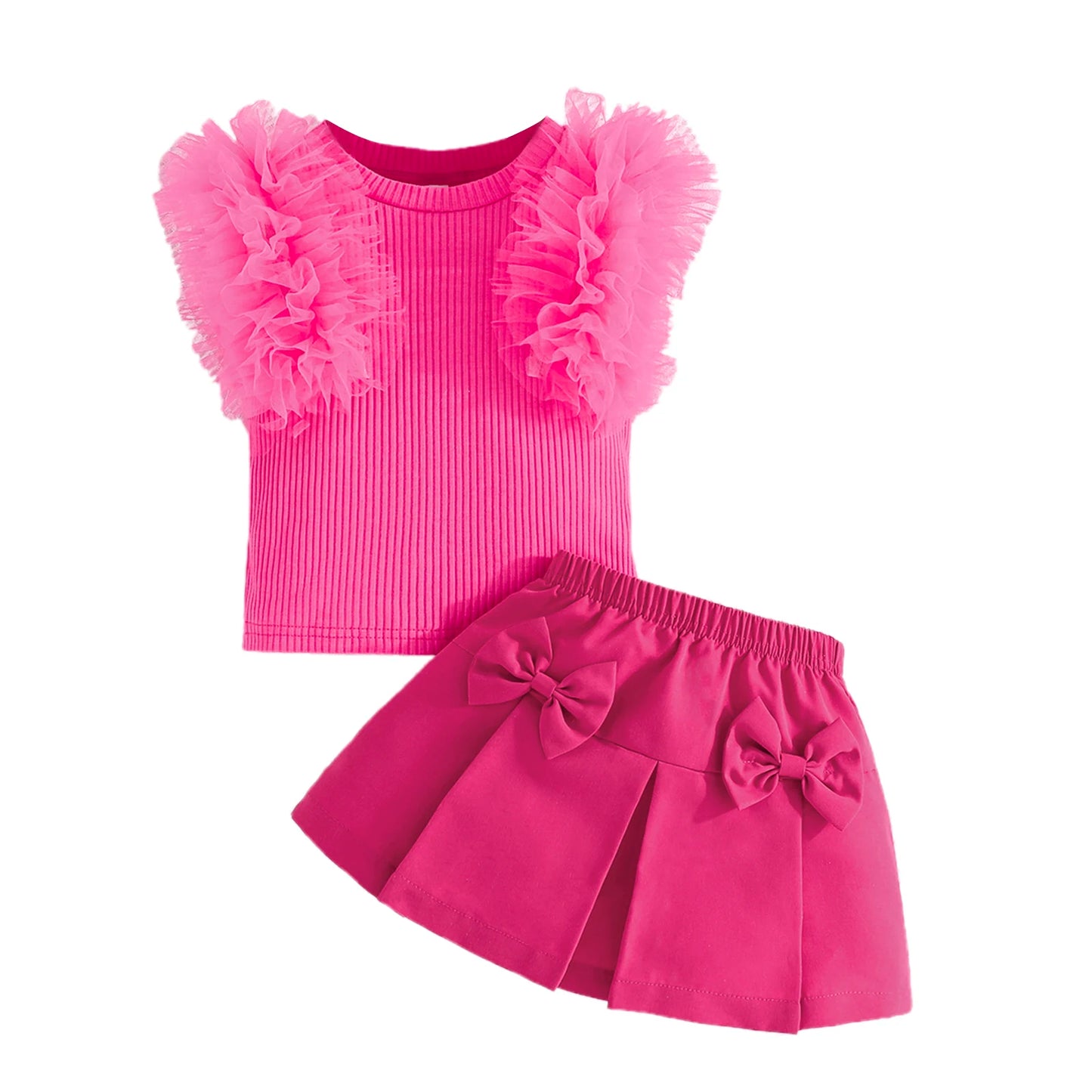 Baby Girls Summer Clothes Set - Tulle Ruffled Tank Top & Bow Pleated Skirt
