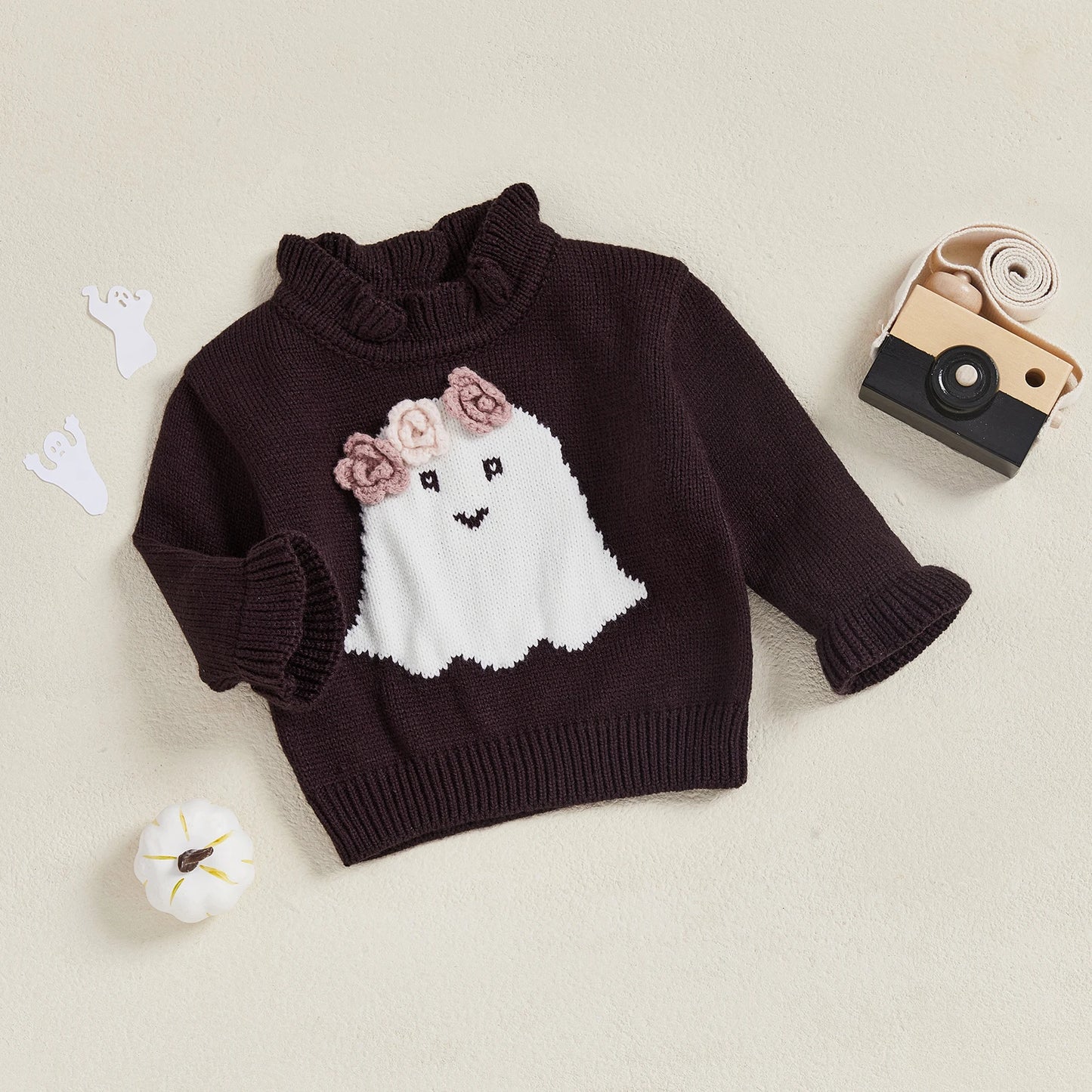 Baby Halloween Knit Sweater - Long Sleeve Ghost Embroidery Pullover