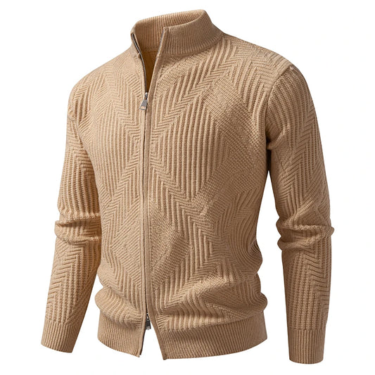 Men's Stand Collar Geometric Knit Sweatercoat - Solid Colour Casual Cardigan for Autumn Winter