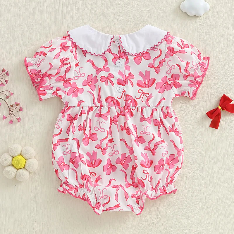 0-18M Summer Baby Girls Sweet Romper Short Sleeve Bow Embroidery Doll Collar Print Jumpsuit