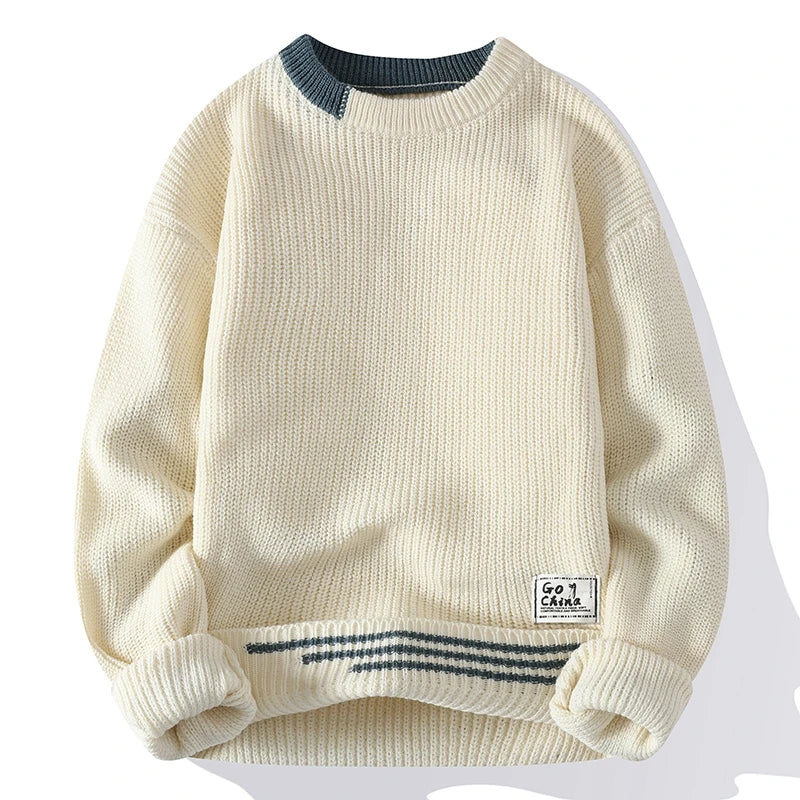 Men's Patchwork Knit Sweater - Slim Fit O-Neck Pullover for Autumn Winter