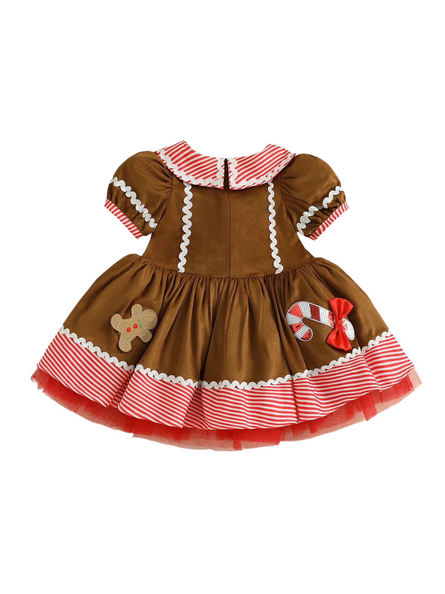 Toddler Girl's Christmas Dress - Gingerbread Man Print Doll Collar Bubble Sleeve