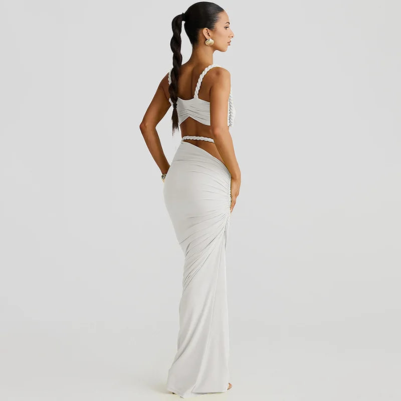 Women's Ruched Bandage 2 Piece Set Backless Decorative Cord Top and Skirt Dress Set