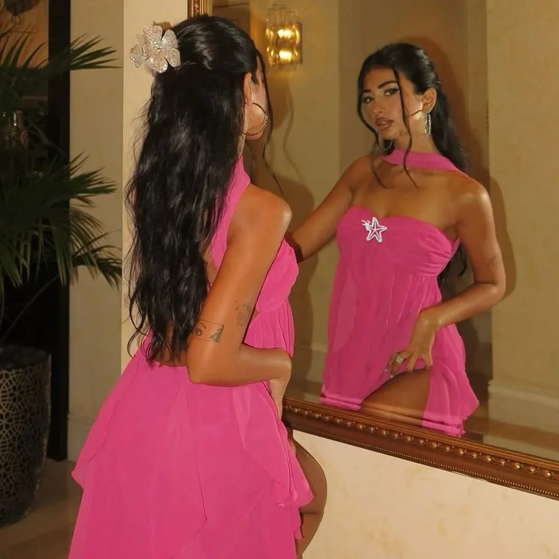 Women's Summer Halter Floral Mesh Mini Dress - Strapless Backless Holiday Dress