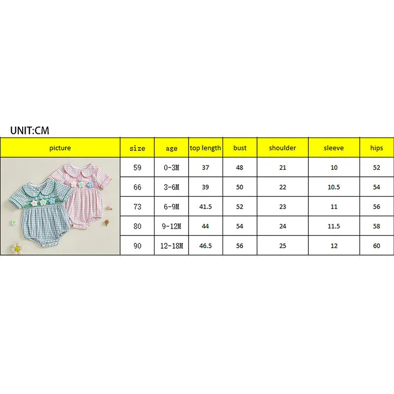 Baby Girls Summer Plaid Romper - Doll Collar Short Sleeve with Flower Embroidery (0-18M)