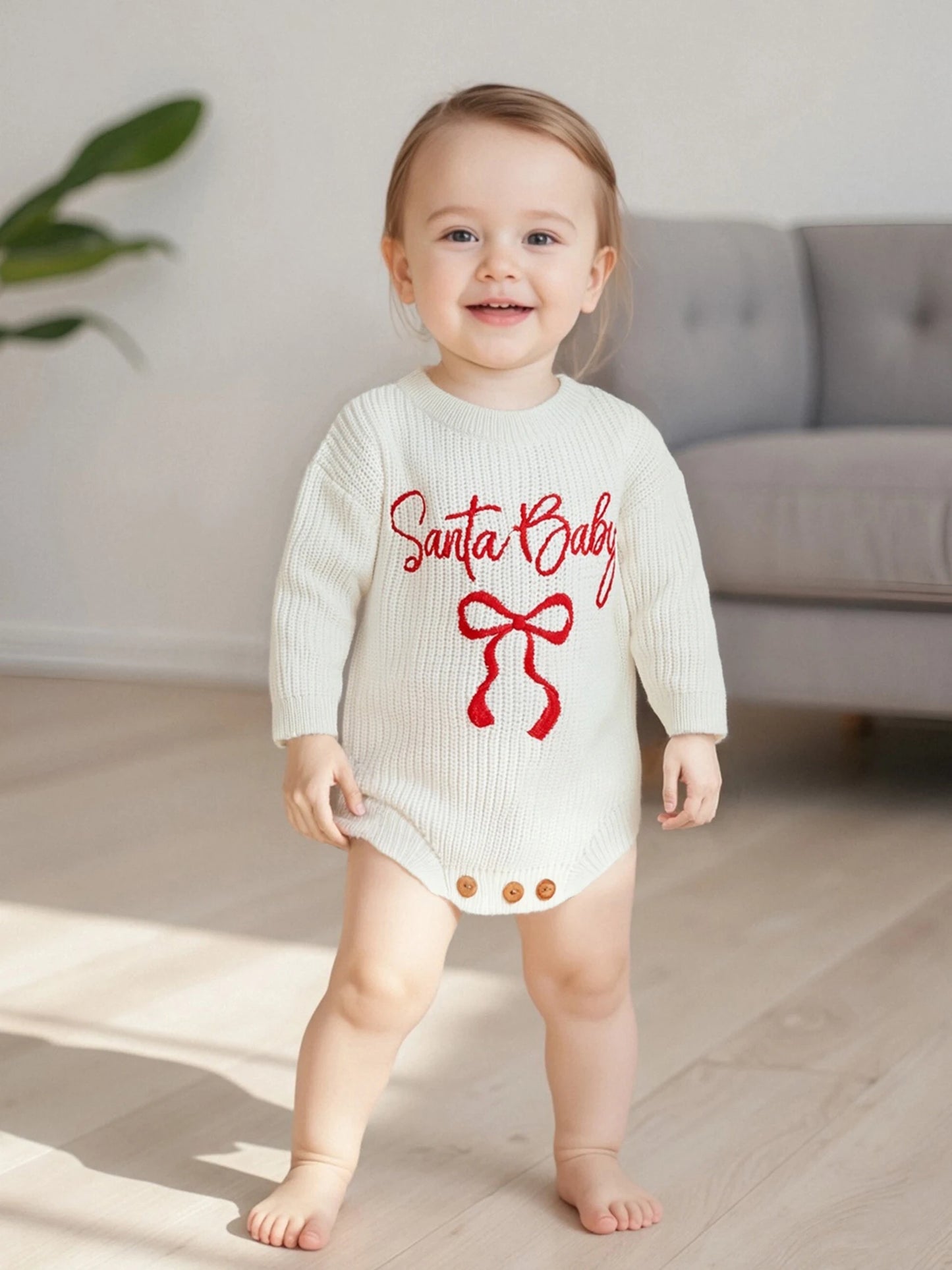 Baby Christmas Romper Sweater - Letter Bow Embroidery Ribbed Long Sleeve