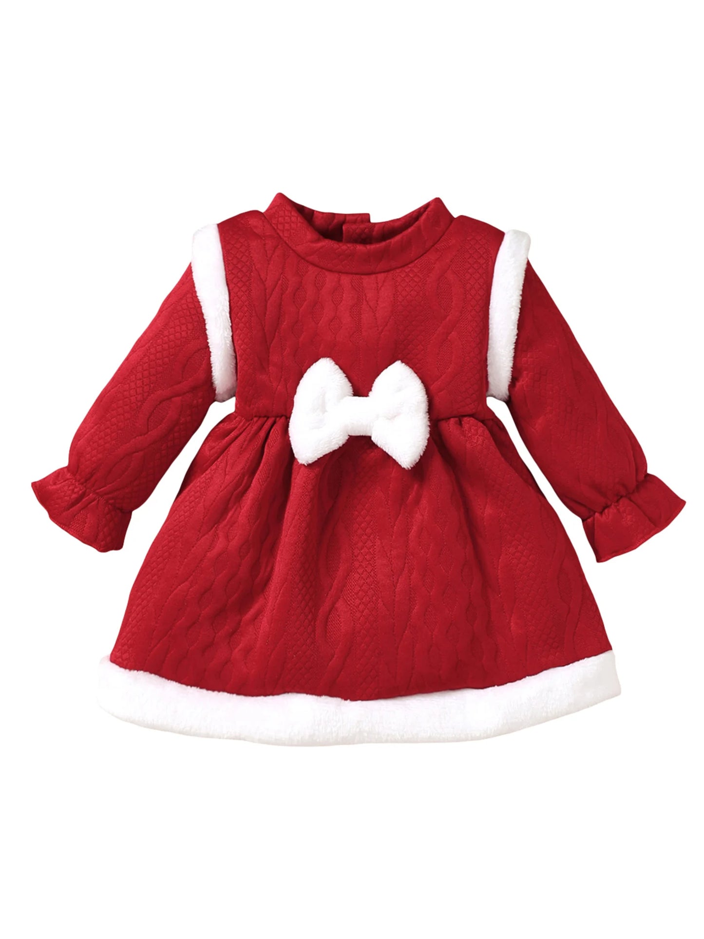Baby Girls Christmas Dress - Long Sleeve Bow Patchwork Winter Party Dress