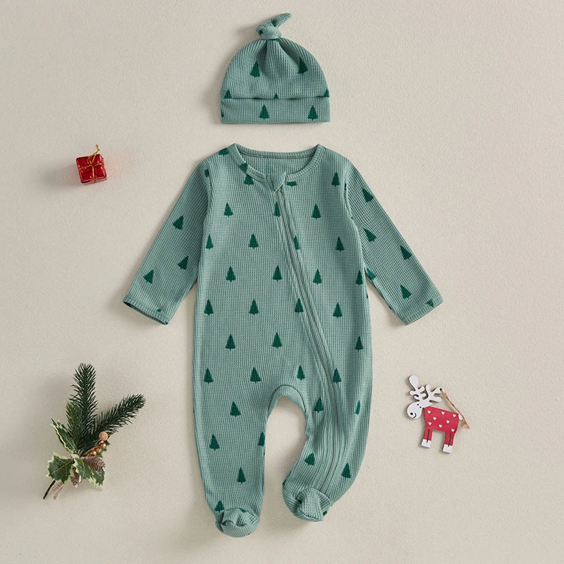 Newborn Christmas Romper Set with Hat - Xmas Tree Print Zip-Up Footed Jumpsuit