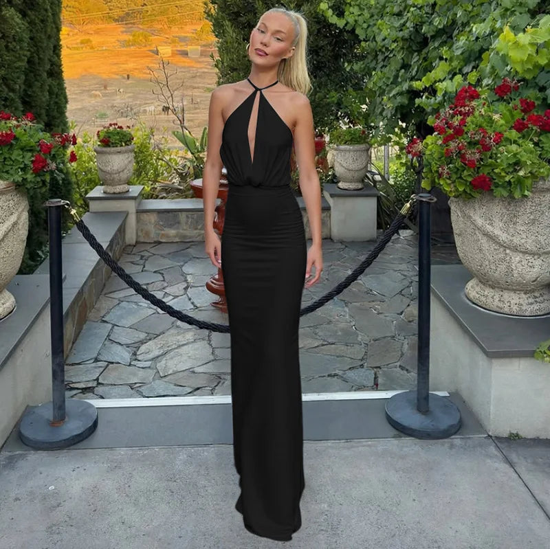 Women's Draped Cut Out Maxi Outfit Gown Backless Solid Plunge Slip Dress