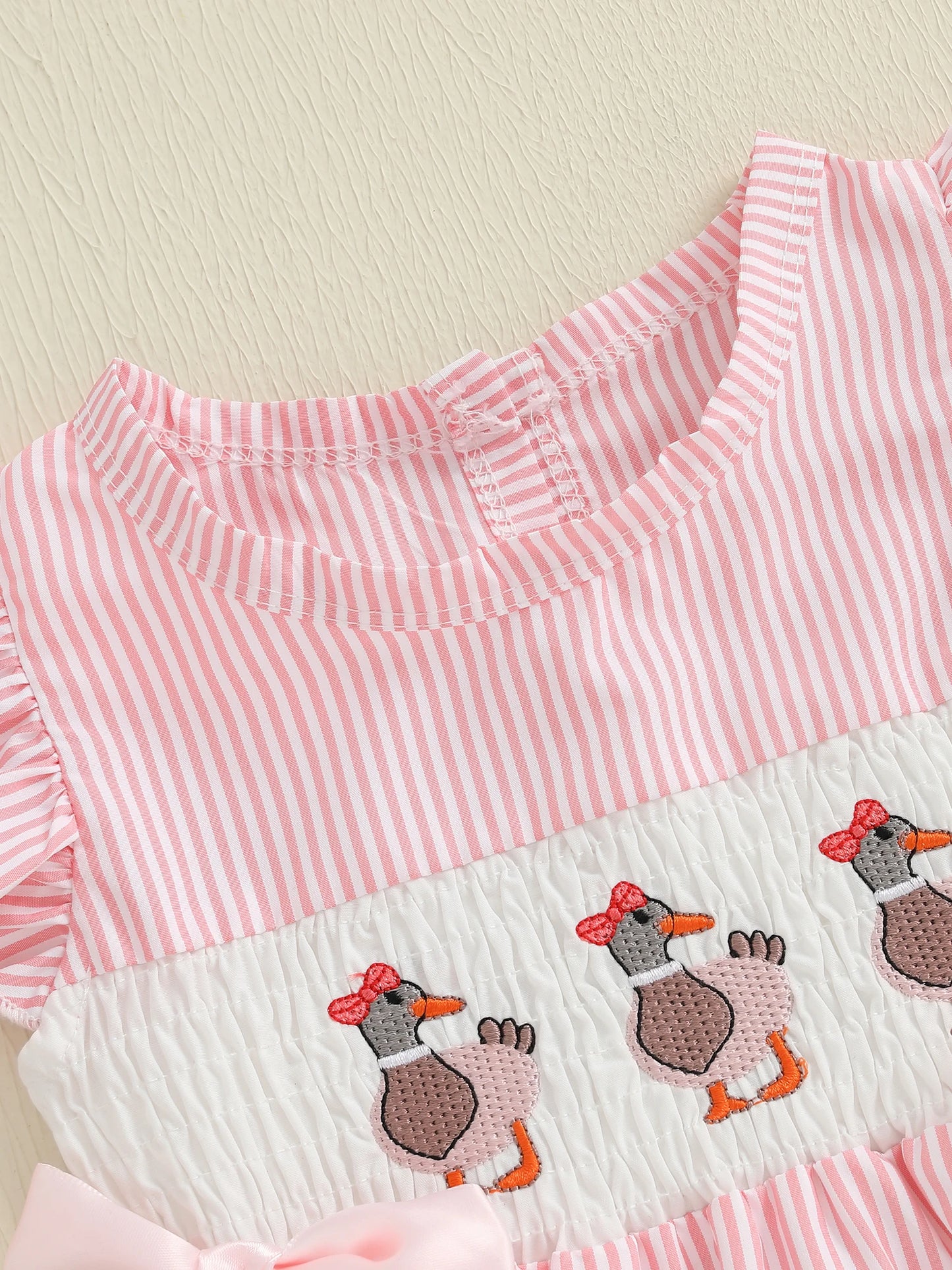 Baby Girls Striped Duck Embroidery Romper - Short Sleeve Jumpsuit with Bow (0-18M)