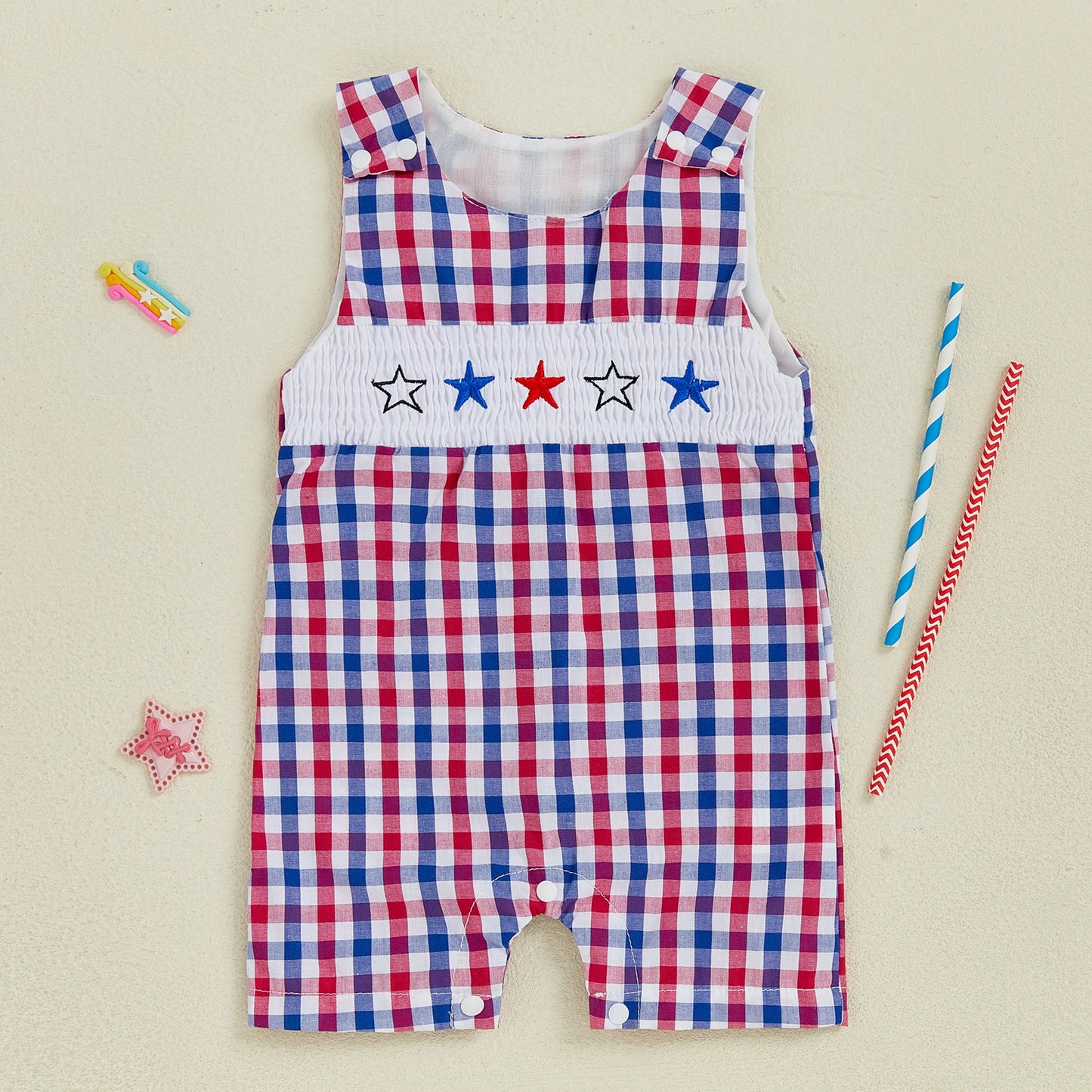 Baby Boys Independence Day Star Embroidered Romper - Plaid Print Sleeveless Overall (0-18M)