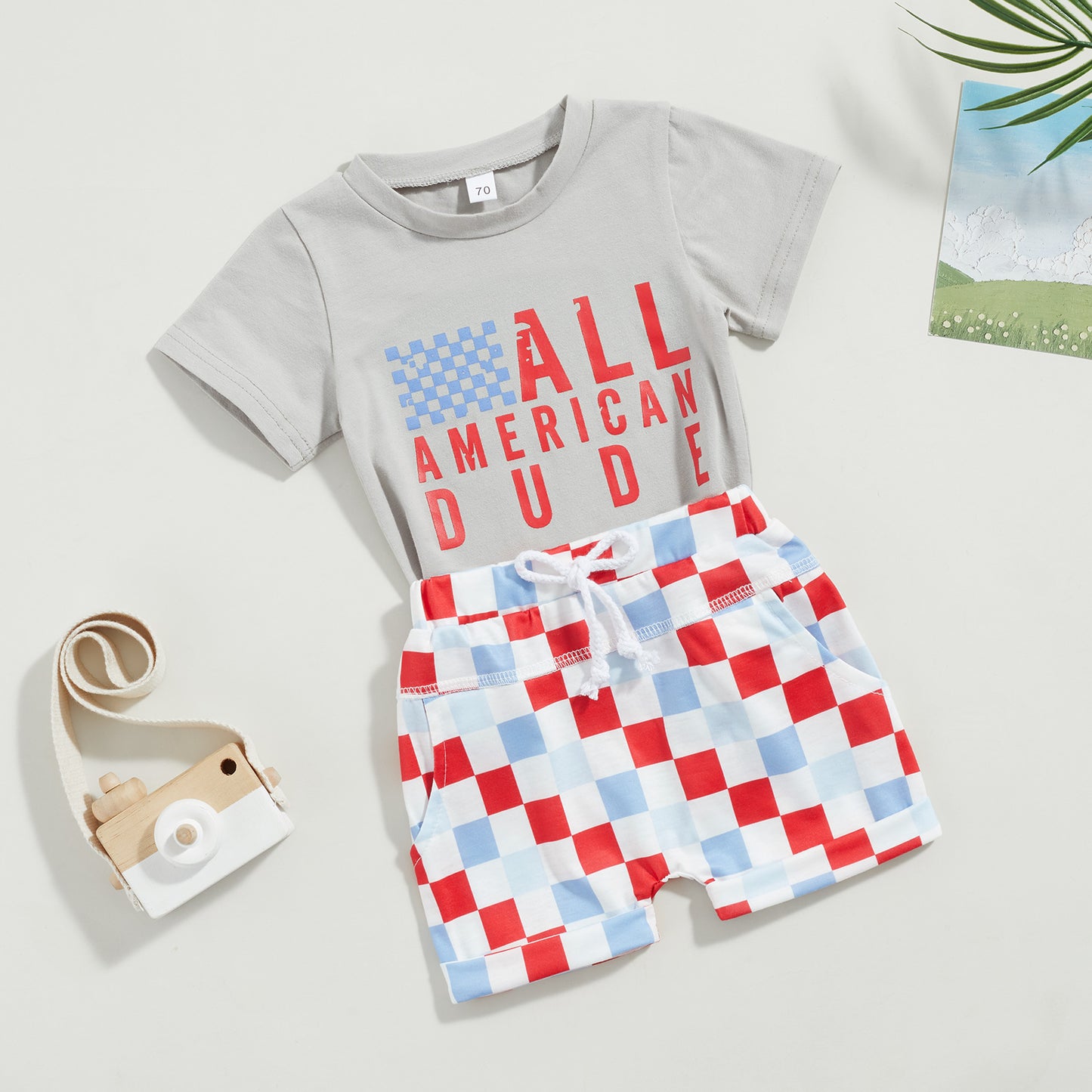 0-3Y American Baby Girls Boys Clothes Sets Letter Print Short Sleeve T-Shirts and Checkerboard Shorts 2Pcs