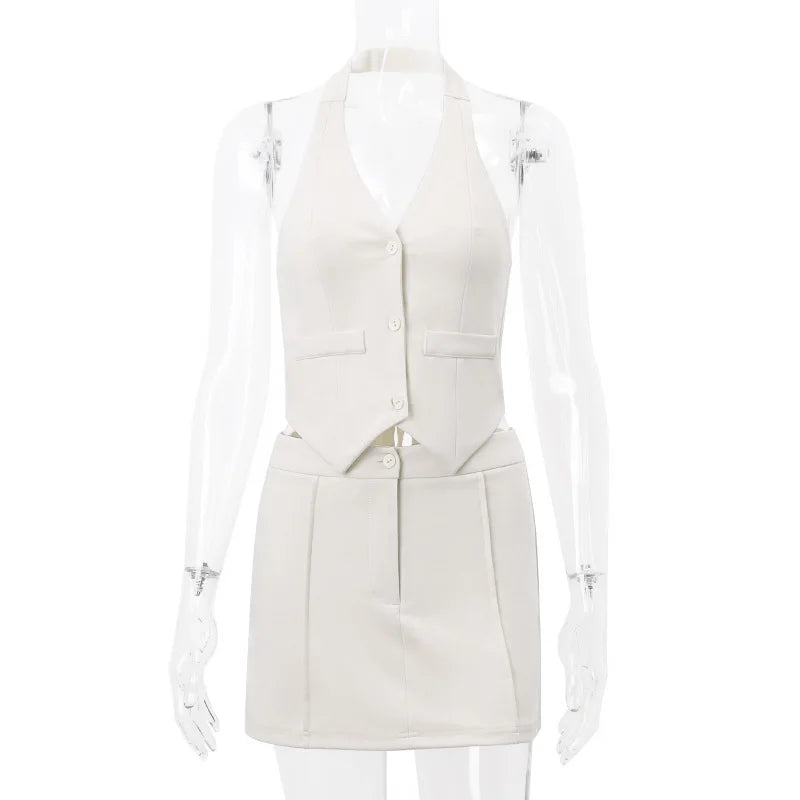 Women's Halter Deep V Cute Co-ord Set Elegant Outfits Single Breasted Waistcoat Top and Skirt 2 Piece Set