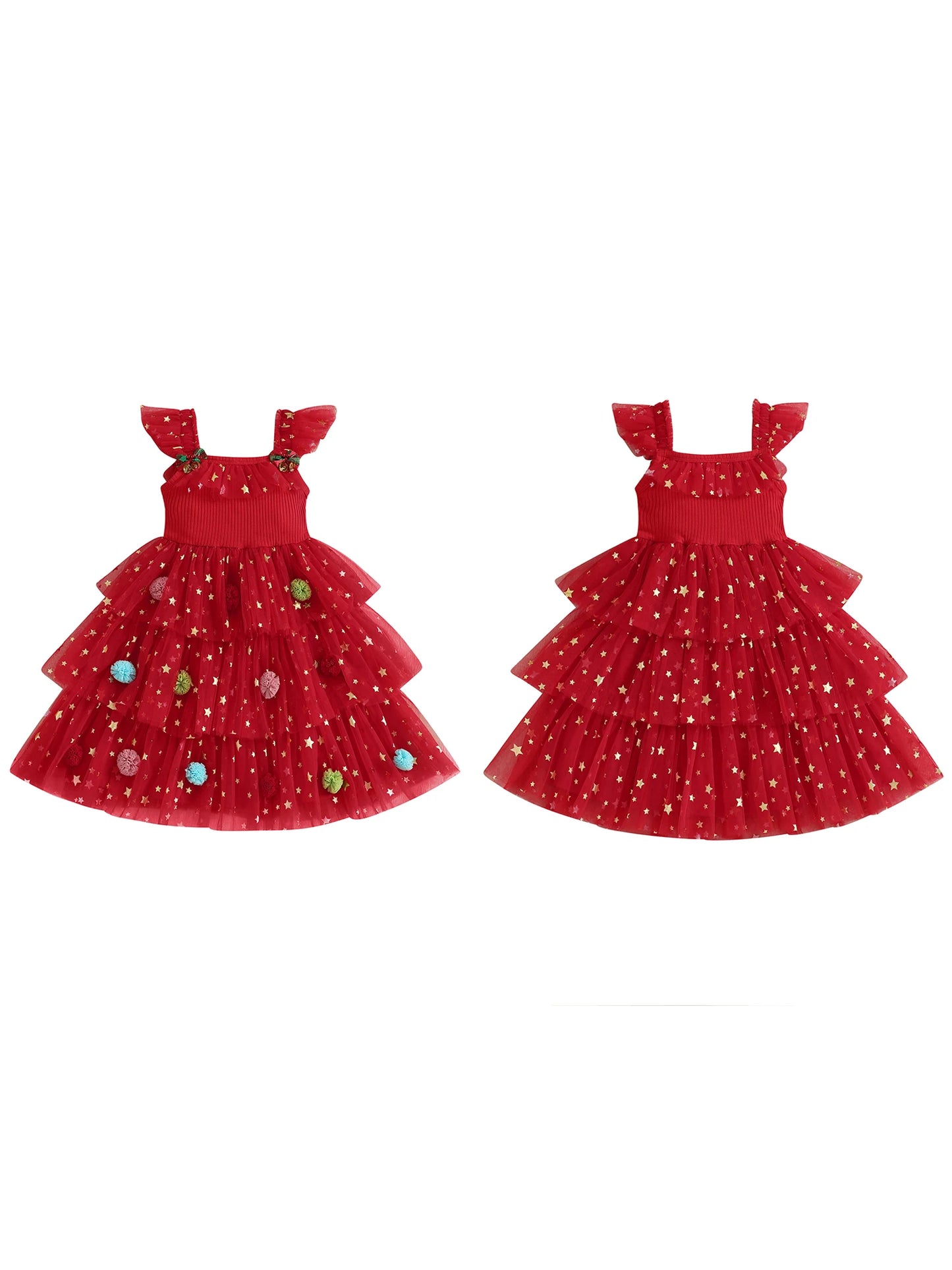 Girl's Christmas Princess Dress - Star Ball Square Neck Layered Tulle A-Line