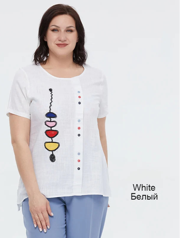 Women's Summer Cotton Linen Oversized Short Sleeve Sequins Button Top