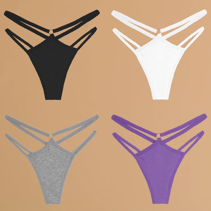 4-Pack Cotton Striped Thongs - Women's Low-Rise Breathable Underwear Set