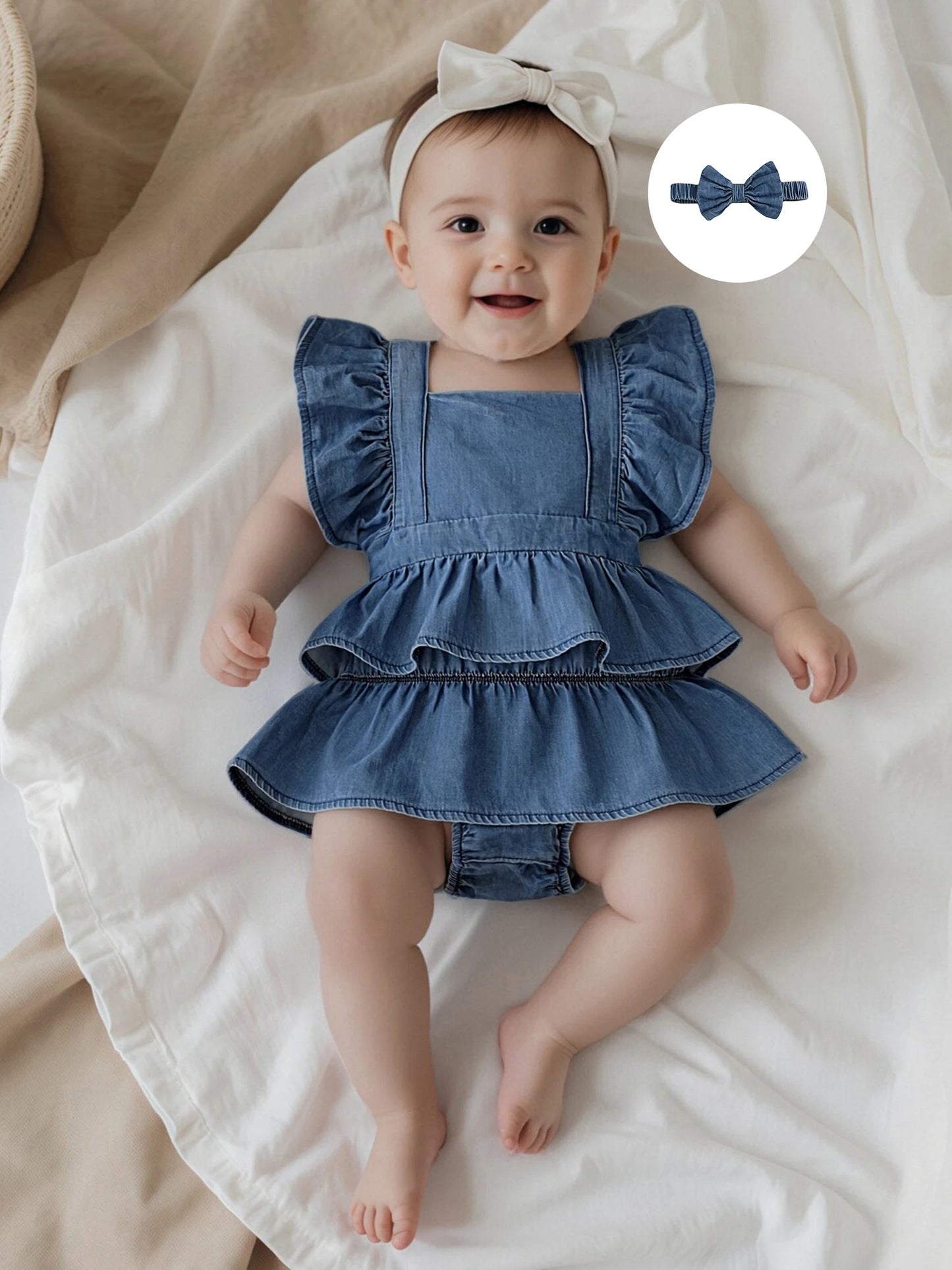 Baby Girls Denim Romper Dress Set - Ruffles Fly Sleeve Layered Jumpsuit with Bowknot Hairband