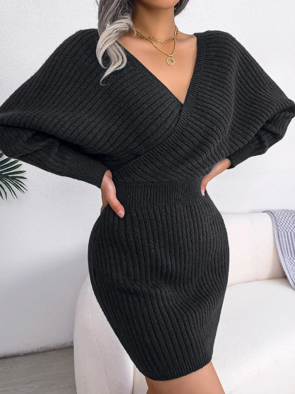 Women's Autumn Winter Cross V Neck Batwing Sleeve Casual Wrap Hip Woollen Dress