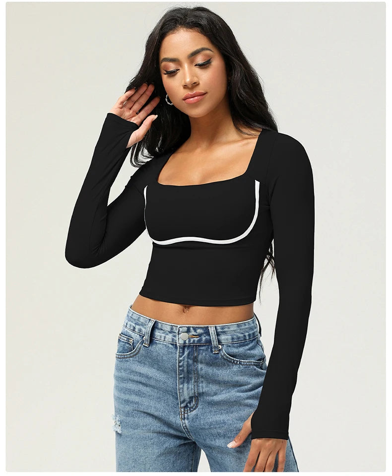 Women's Long Sleeve Yoga T-Shirt Square Neckline Gym Top Breathable Workout Running Crop Top Sportswear