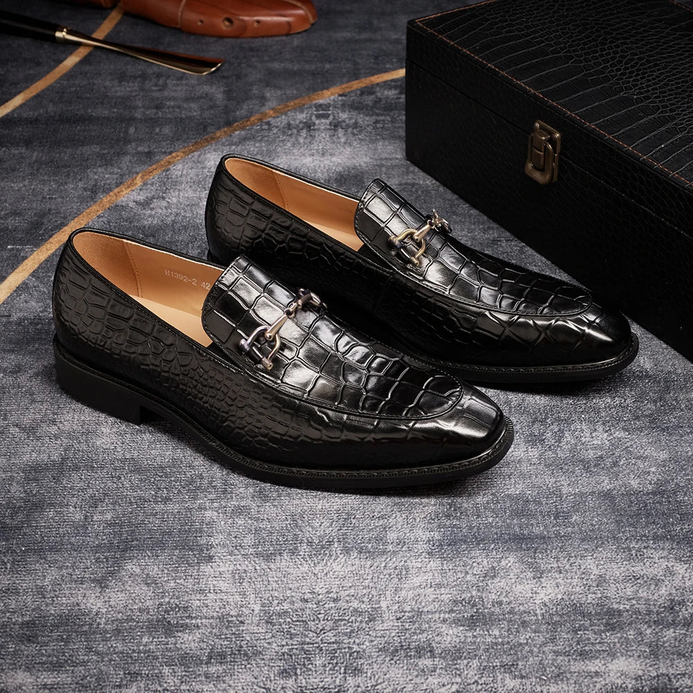 Formal Men's Oxford Shoes Pointed Toe Metal Buckle Genuine Leather Crocodile Pattern Shoes