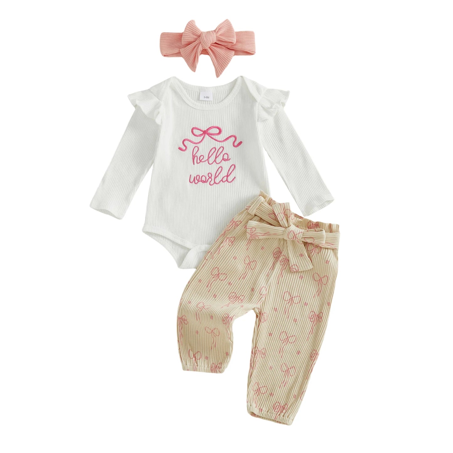 Newborn Baby 4-Piece Outfit Set - Long Sleeve Romper, Pants, Belt & Headband
