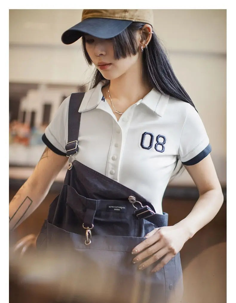 Women's White Embroidered Polo Shirt - Preppy Short Sleeve Tennis Top with Color-Block Design