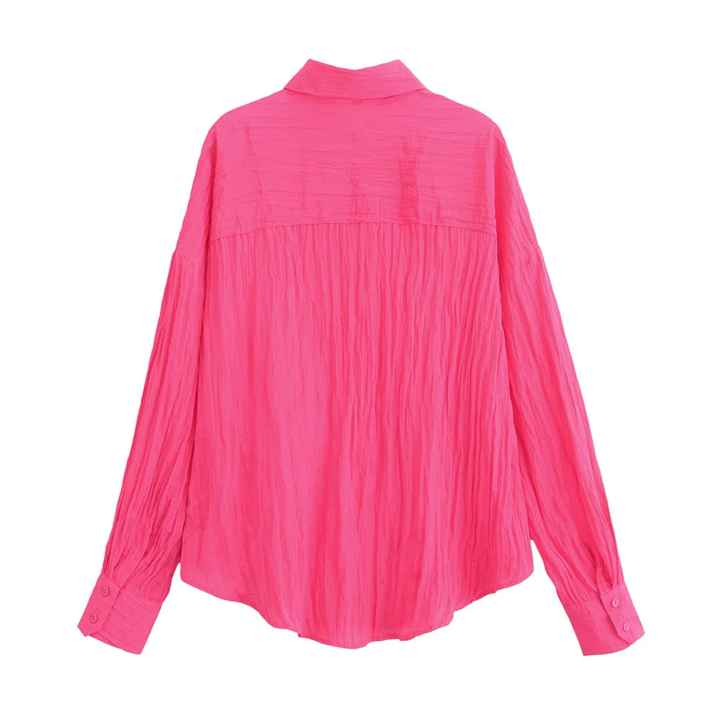 Women's Casual Solid Colour Lapel Wrinkle Effect Shirt And Trousers Set