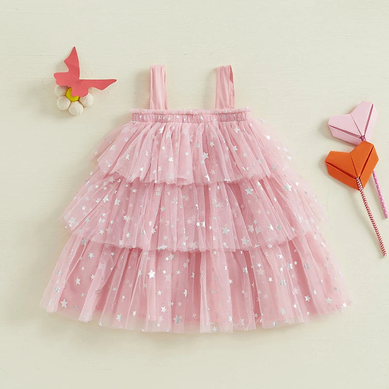 Girl's Festive Dress - Star Lace Layered Tulle Sundress with Plush Ball