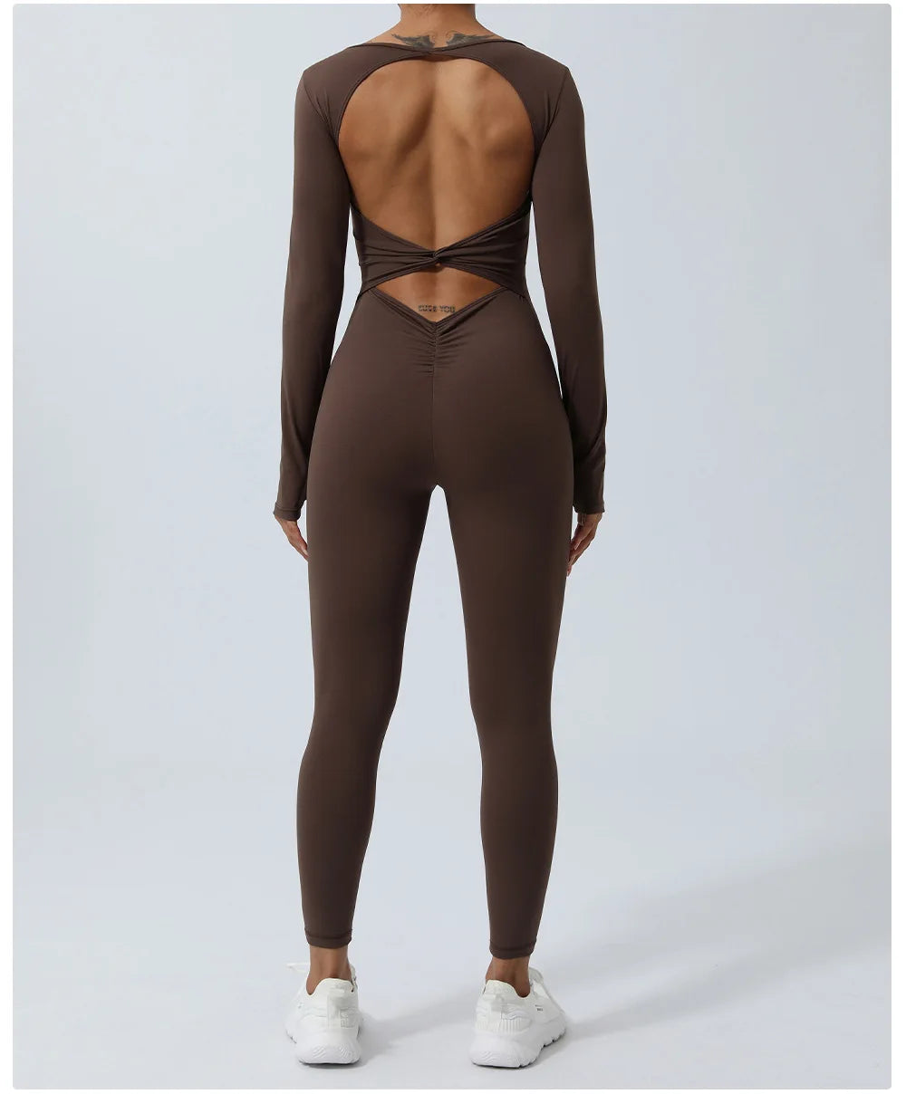 Women's Long Sleeve Gym Jumpsuit - One Piece Yoga Openwork Back Workout Breathable Sportswear