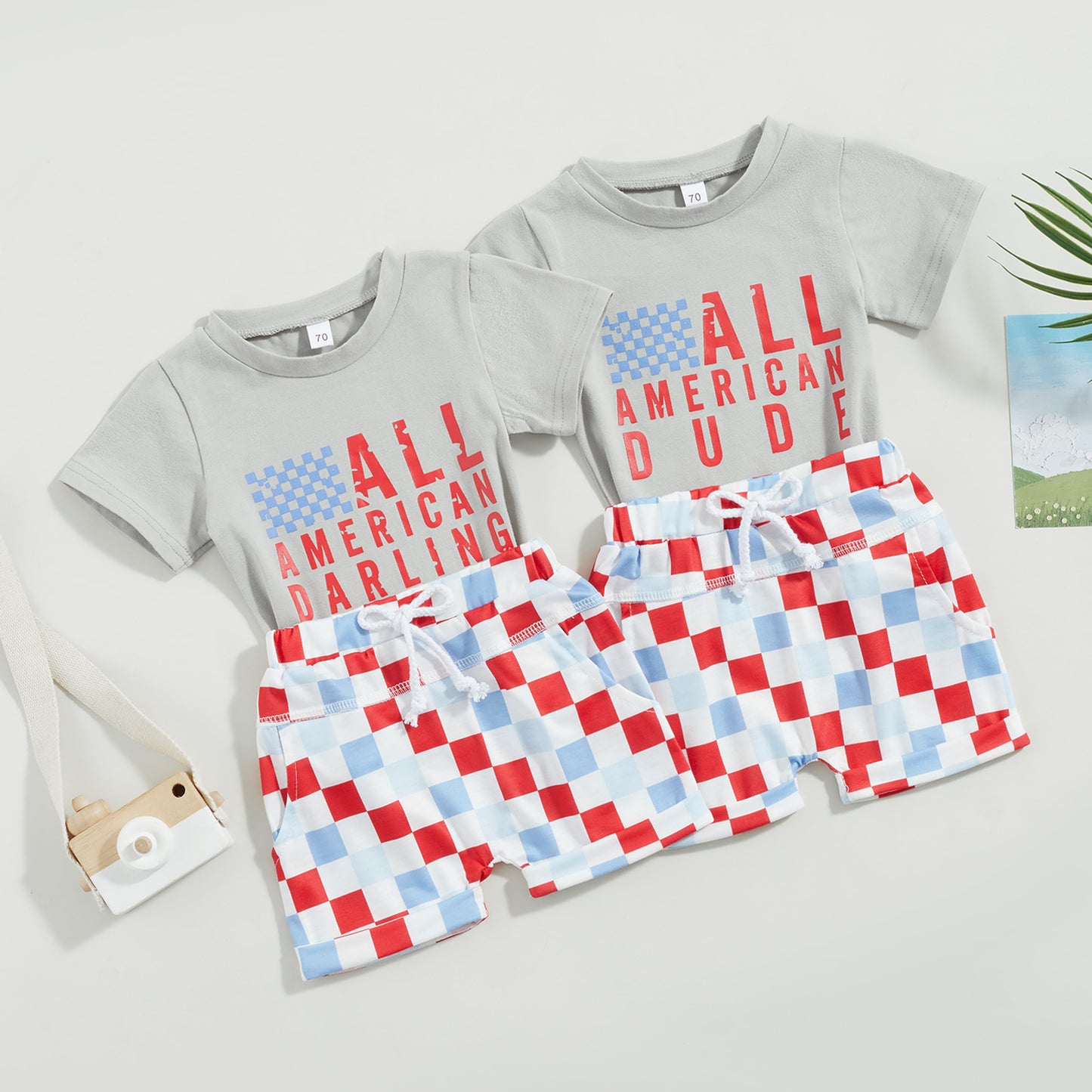 0-3Y American Baby Girls Boys Clothes Sets Letter Print Short Sleeve T-Shirts and Checkerboard Shorts 2Pcs
