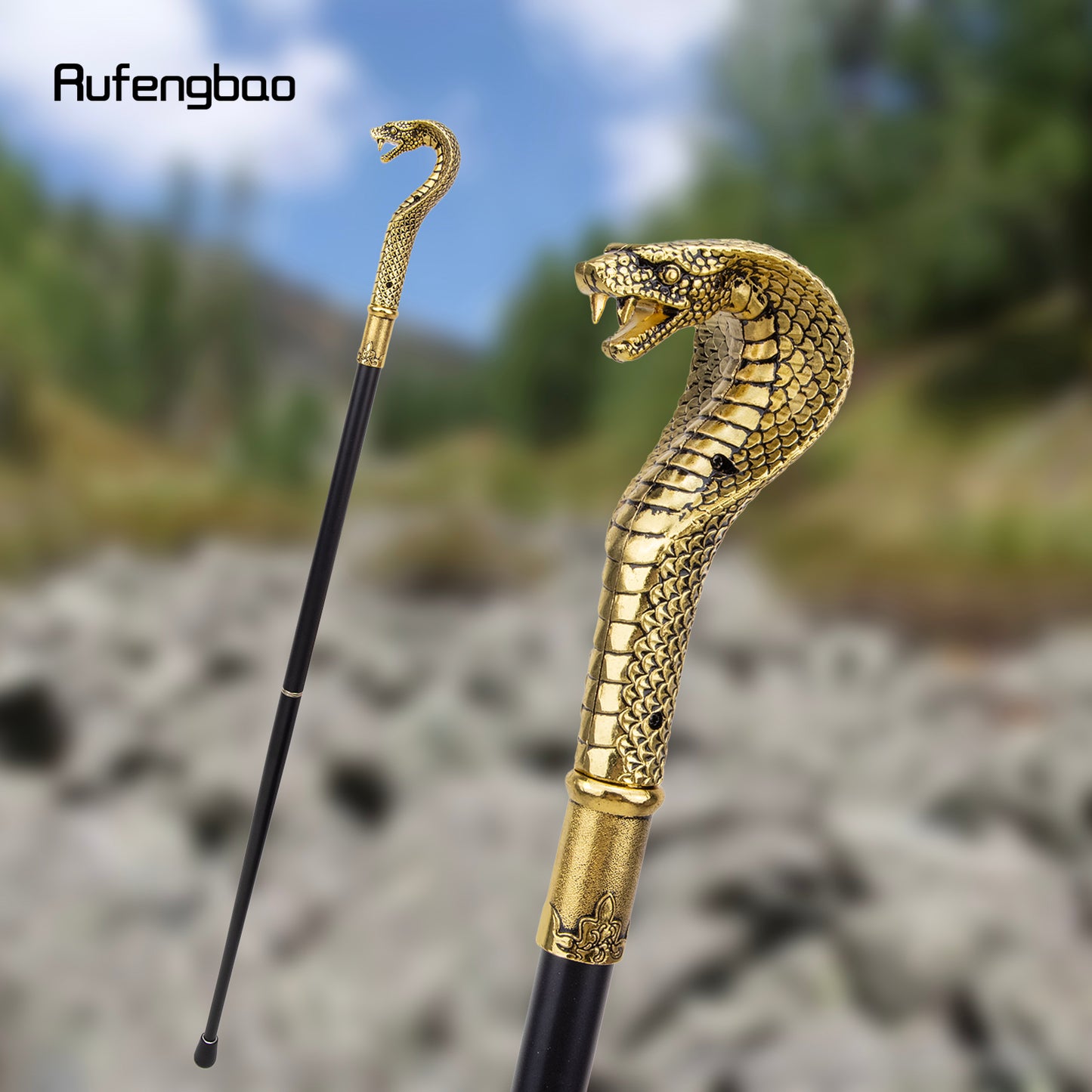Luxury Snake Handle Walking Stick 93cm - Elegant Gold Black Decorative Cane