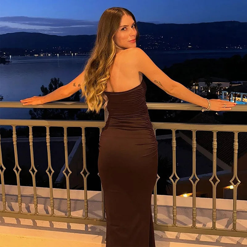 Women's U-neck Tube Top Pleated Bodycon Party Long Sleeveless Dress