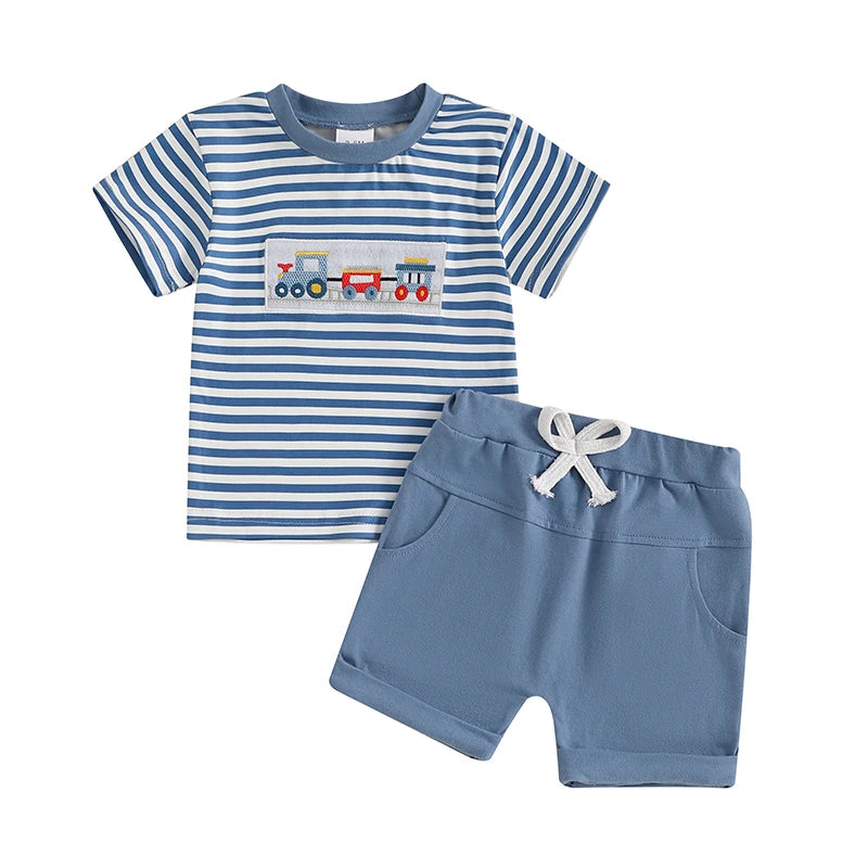 Summer Baby Boys Car Embroidery Outfit Set - Stripe Print T-Shirt & Elastic Waist Shorts (2-Piece)