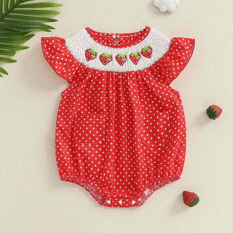 Baby Girls Strawberry Embroidery Polka Dot Romper - Smocked Ruffle Sleeve Jumpsuit (0-24M)