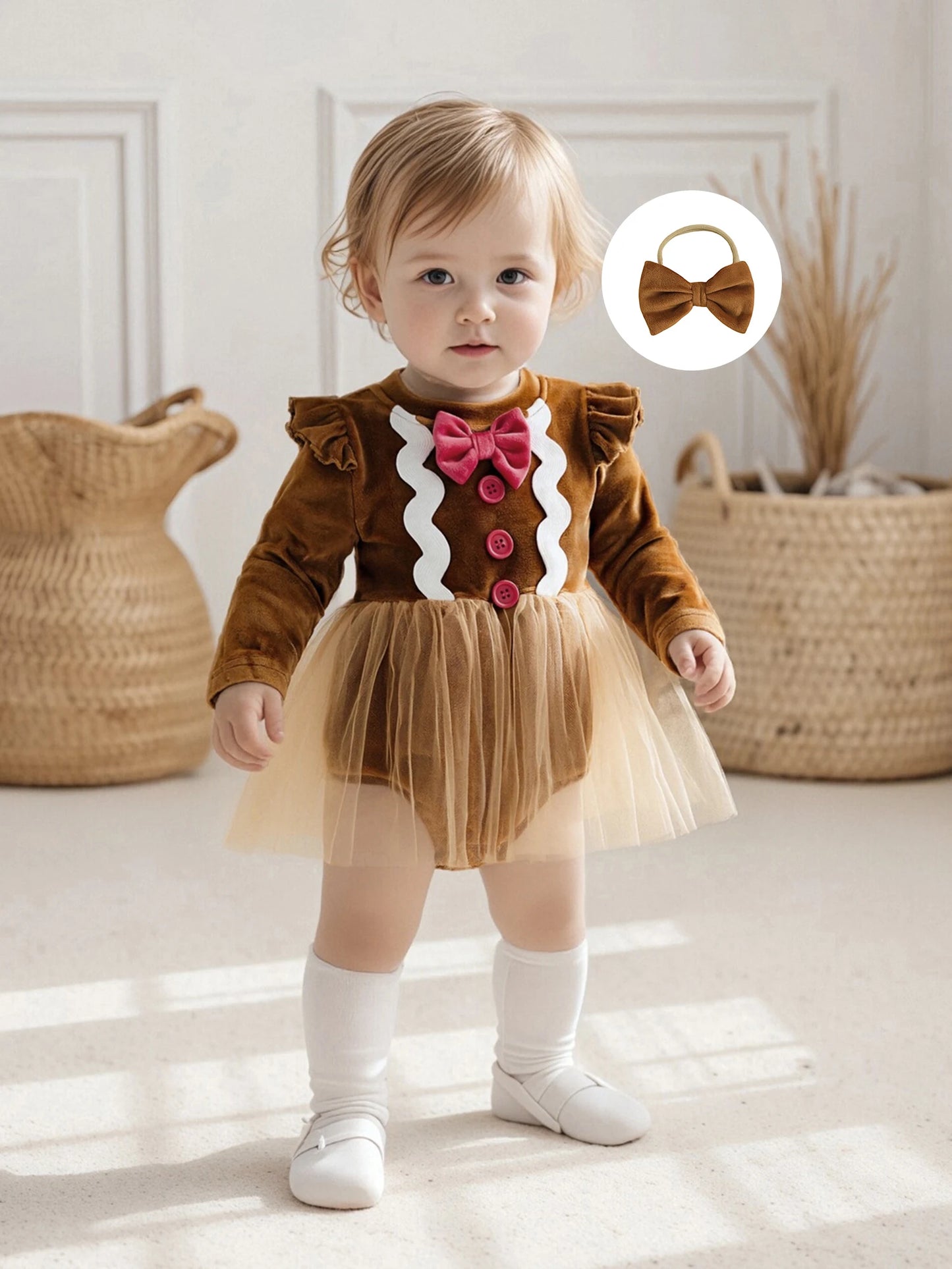 Baby Girls Christmas Gingerbread Man Romper Dress with Bow Headband (0-18M)