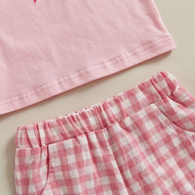 0-4Y Kids Girls Summer Clothes Sets 2pcs Outfits Short Sleeve Letter Bow Embroidery T Shirts Plaid Shorts Sets