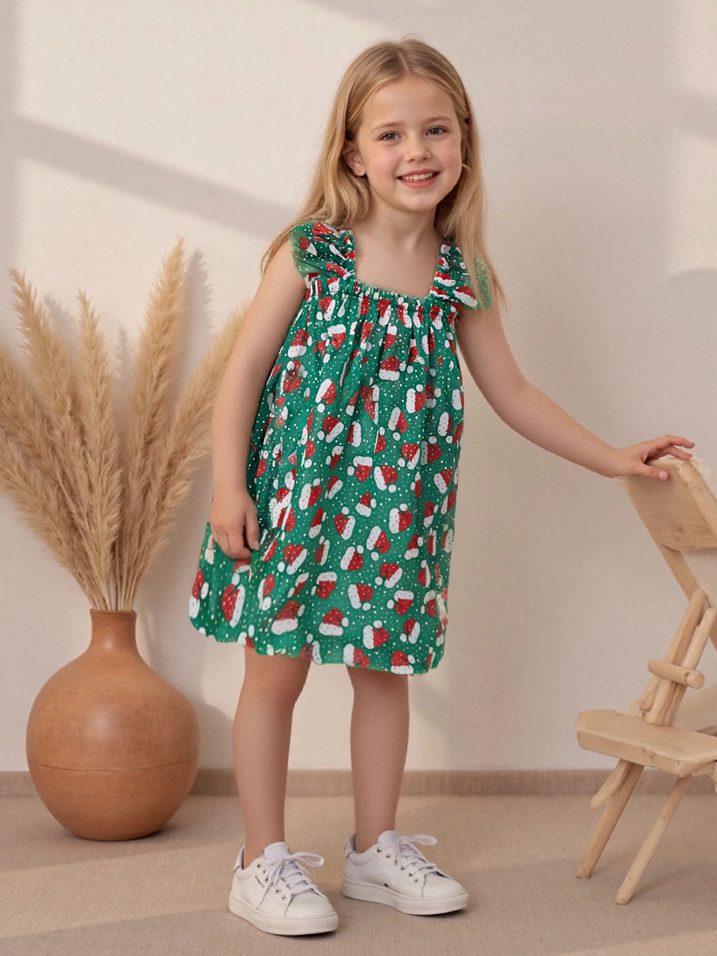 Toddler Girls' Christmas Tulle Dress - Santa Hat Print Sleeveless A-Line Party Dress