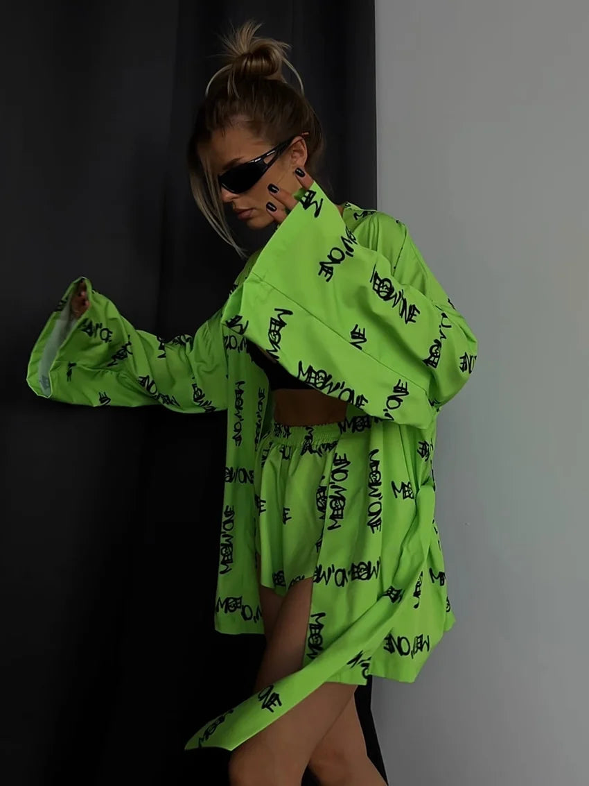 Women's Casual Print Pyjamas Lace-Up Long Sleeve Robes Shorts Sleepwear Set