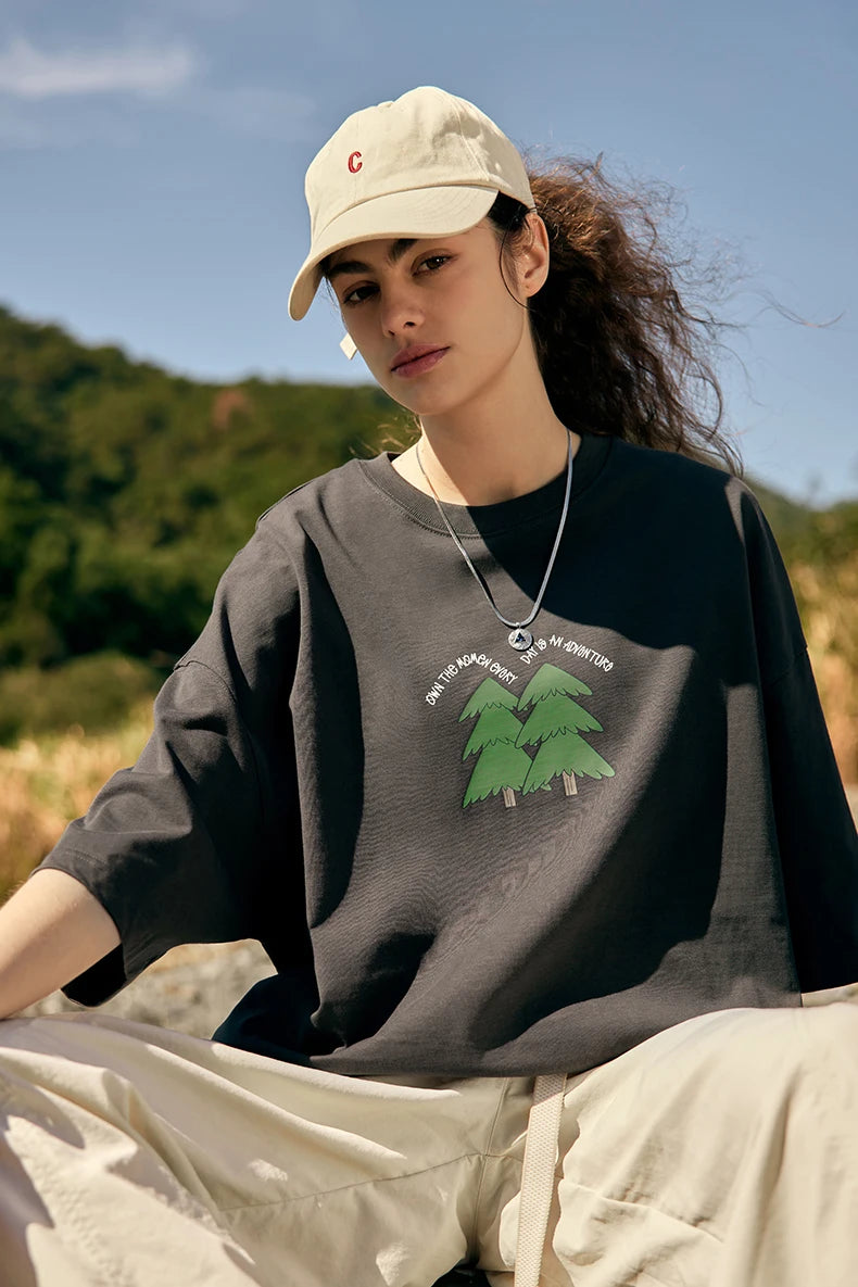 Unisex 265G Pine Tree Puff Print Heavyweight oversize Casual Pure Cotton Short Sleeve T-Shirt