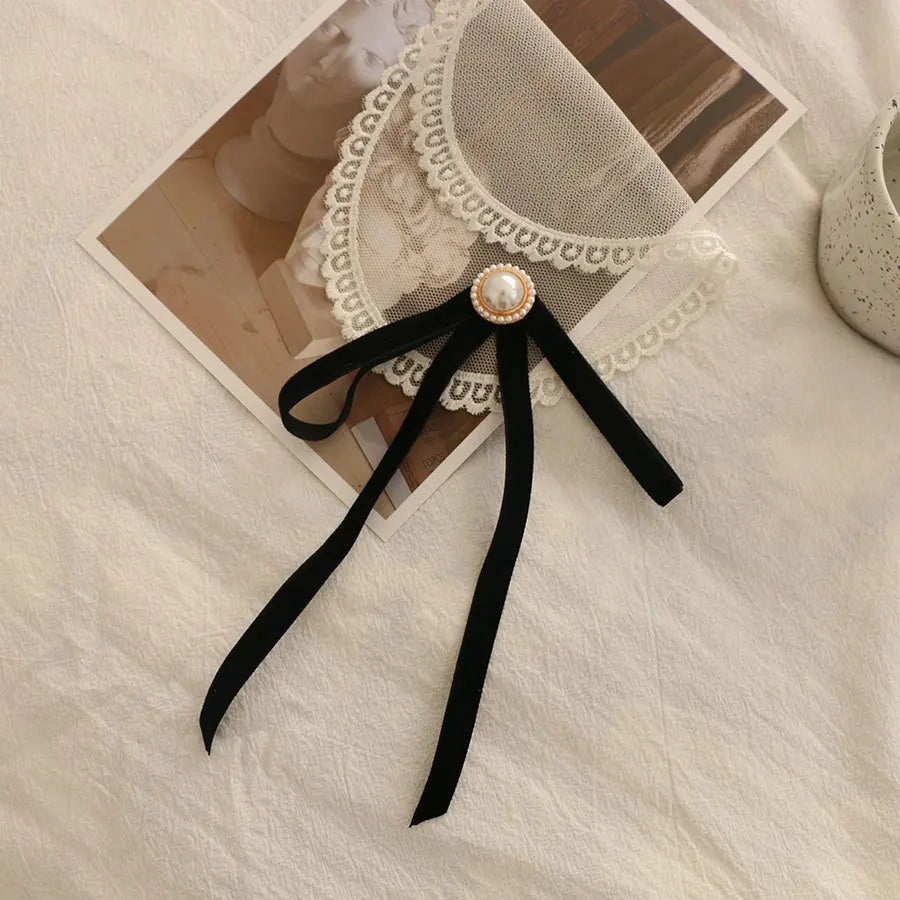 Anime Style Velvet Bow Pearl Brooch - Sweet Academic Pin for Girls