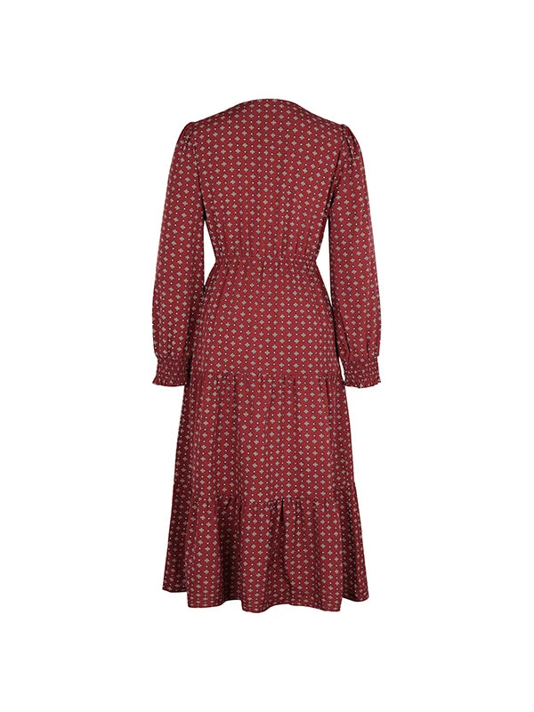 Women's Autumn Winter Long Sleeve Print V-neck Chiffon A-Line Knee Length High Waist Dress