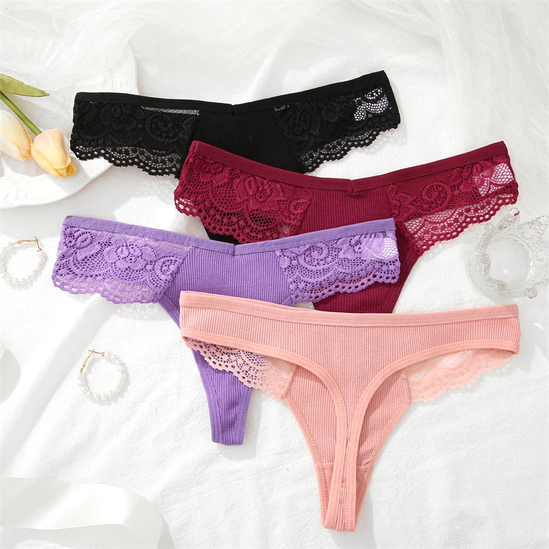 Cotton Lace Thongs - 3 Pack Low Waist Bikini Panties