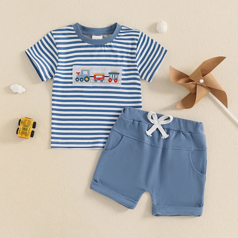 Summer Baby Boys Car Embroidery Outfit Set - Stripe Print T-Shirt & Elastic Waist Shorts (2-Piece)
