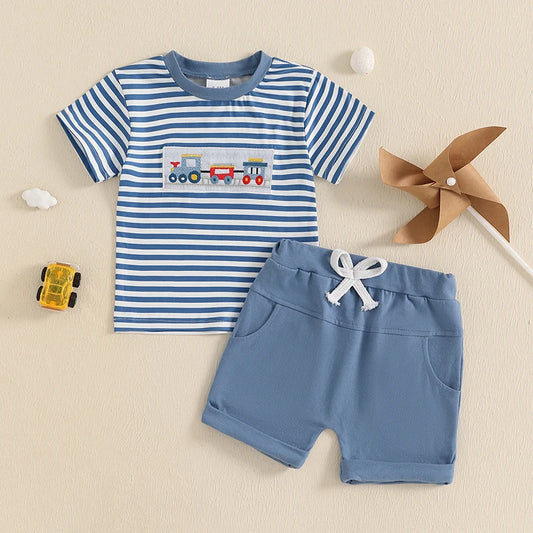 Summer Baby Boys Car Embroidery Outfit Set - Stripe Print T-Shirt & Elastic Waist Shorts (2-Piece)