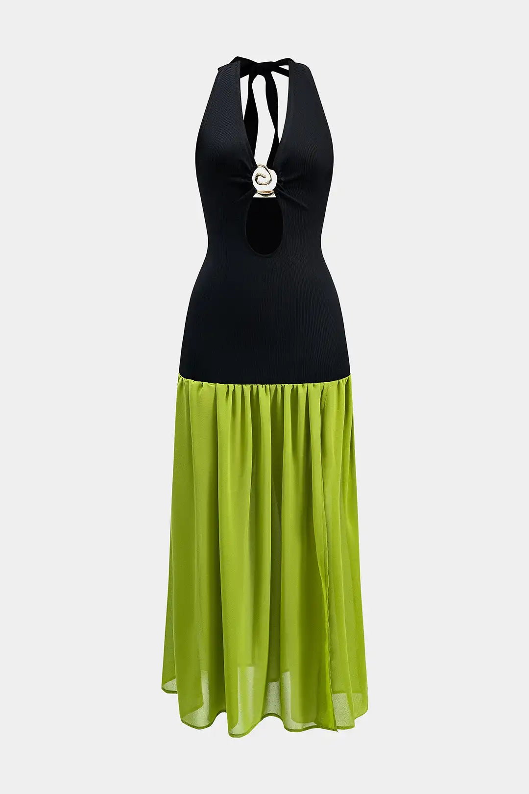 Women’s Chiffon Metallic Ruched Patchwork Cut Out V Neck Backless Halter Casual Column Sleeveless Summer Dress