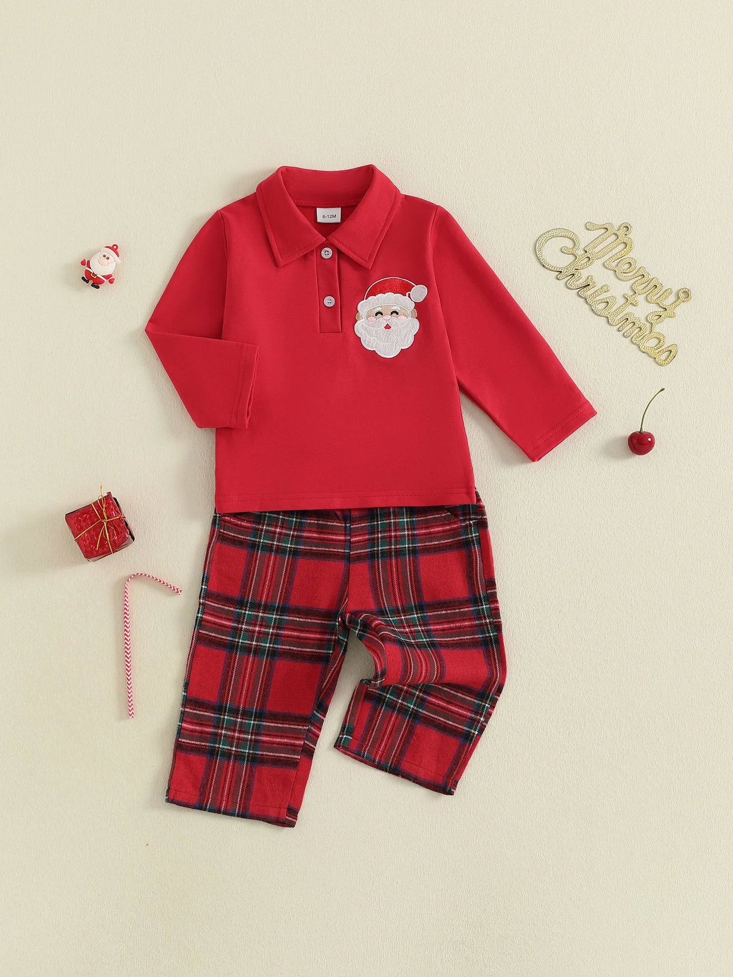Toddler Kids Boy Christmas Clothes Set - Santa Embroidery Long Sleeve Lapel Pullover & Elastic Waist Plaid Pants