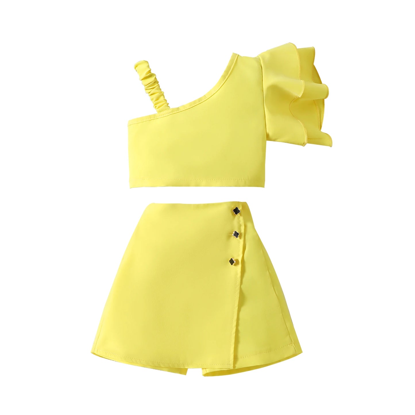 1-6Y Kids Girls Clothes Set Ruffles One Shoulder Sleeveless Vest with Solid Shorts Summer Outfit