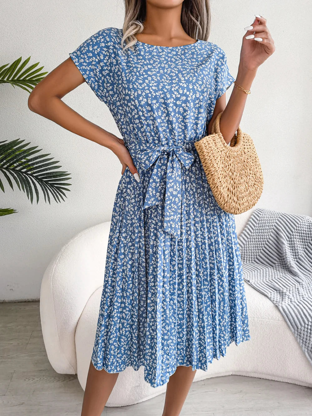 Women's Floral Pleated A Line Long Spring Summer Short Sleeve High Waist Chic Dress