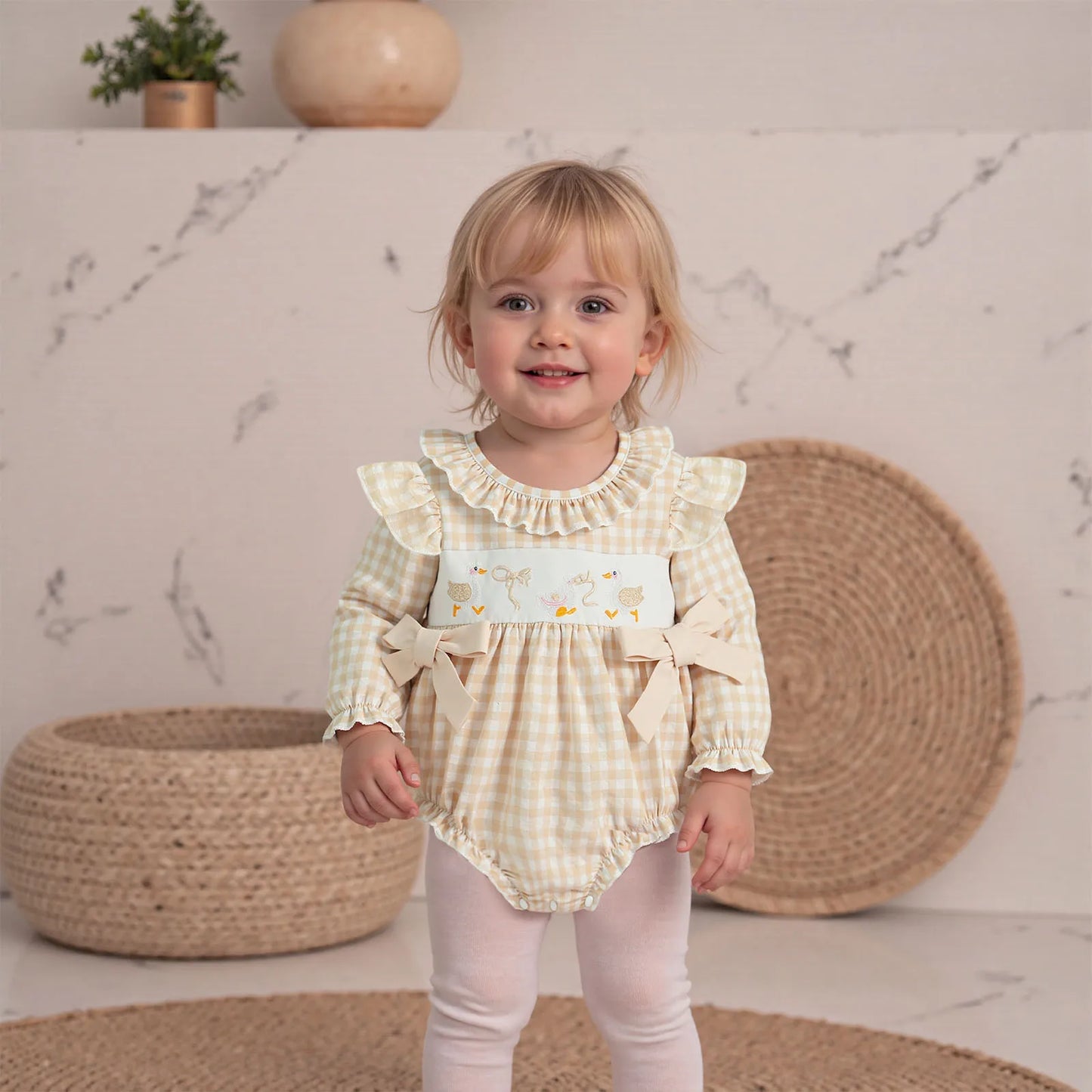 Baby Girls Plaid Bubble Romper - Duck Embroidery Long Sleeve Jumpsuit (0-18M)