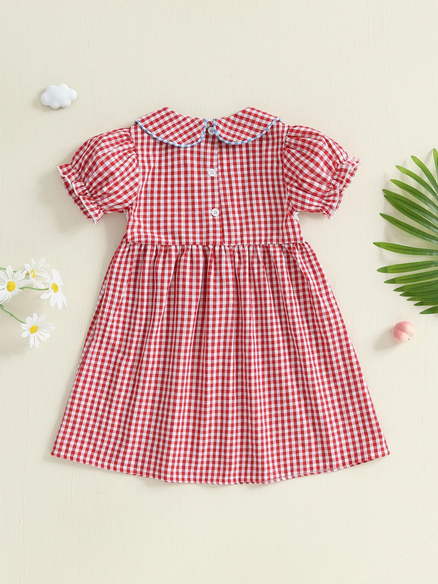 Girl's Back to School Dress - A-Line Embroidered Plaid Doll Collar Bubble Sleeve